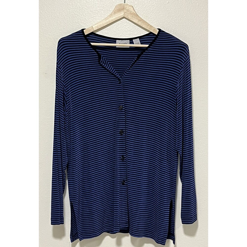 Chico's Travelers Tunic Top Size 2 Large Black Blue Stripe Slinky Button Up